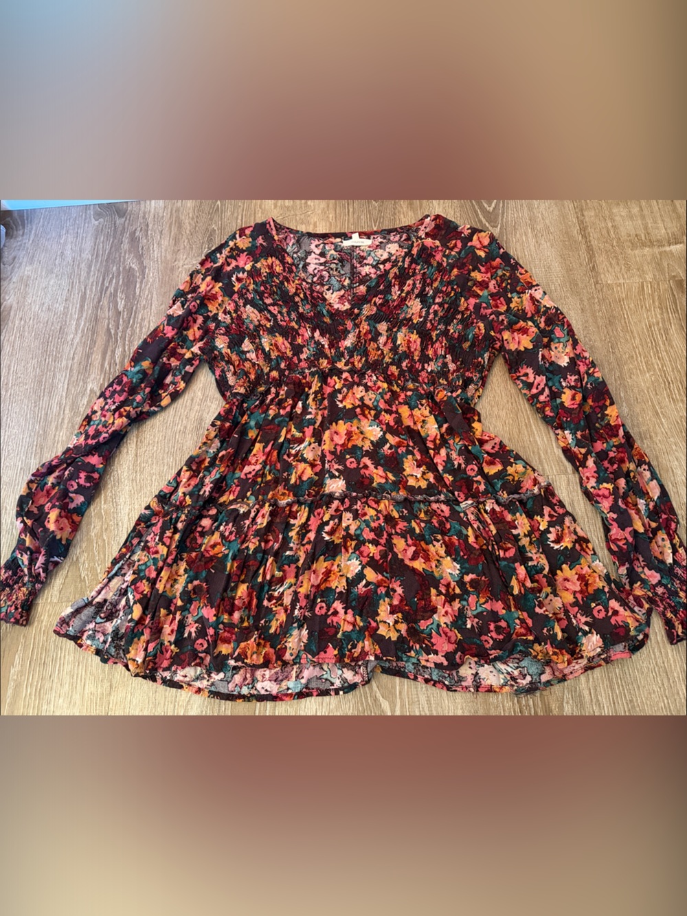 Maurices Floral Smocked Peasant Top - Burgundy with Pink & Orange Accents